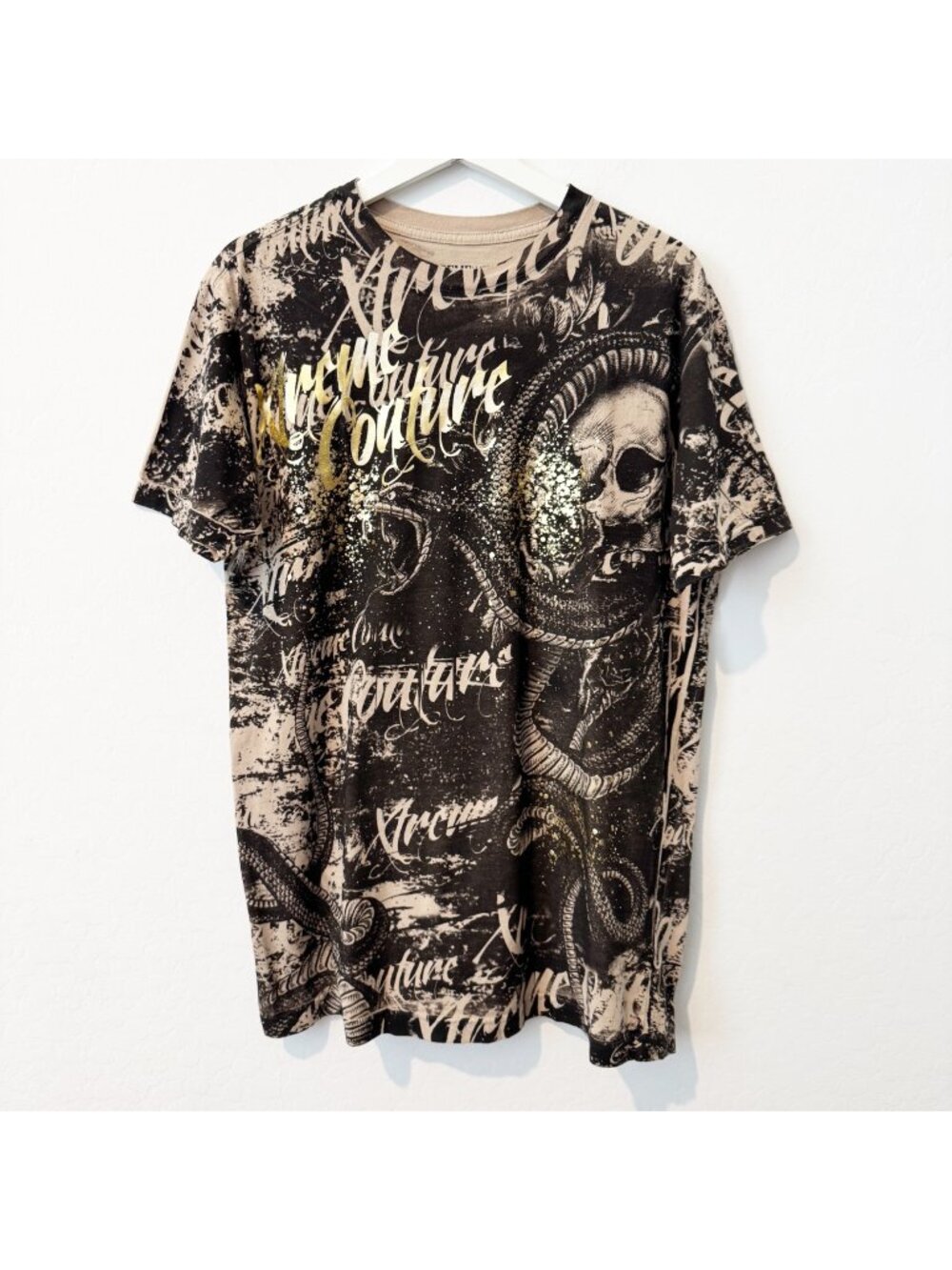 Xtreme Couture by Affliction Graphic Foiled Metallic Logo Skull Shirt Mens Large